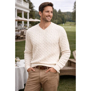 Grant Thomas Mens Cable Knit 100% Cotton V Neck Sweater Size S